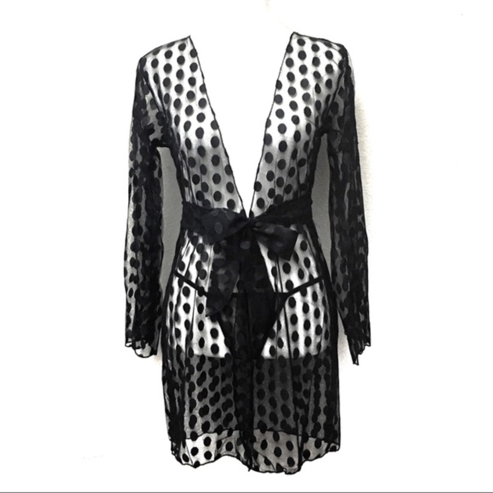 Savvy Sexy Set Lace Polka Dot Kimono Wrap Lingerie - Picture 3 of 8